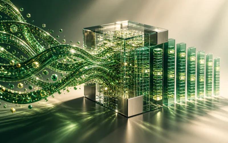 Emerald glass ribbons flow through a transparent data monolith and resolve into orderly columns, representing conversational analytics.