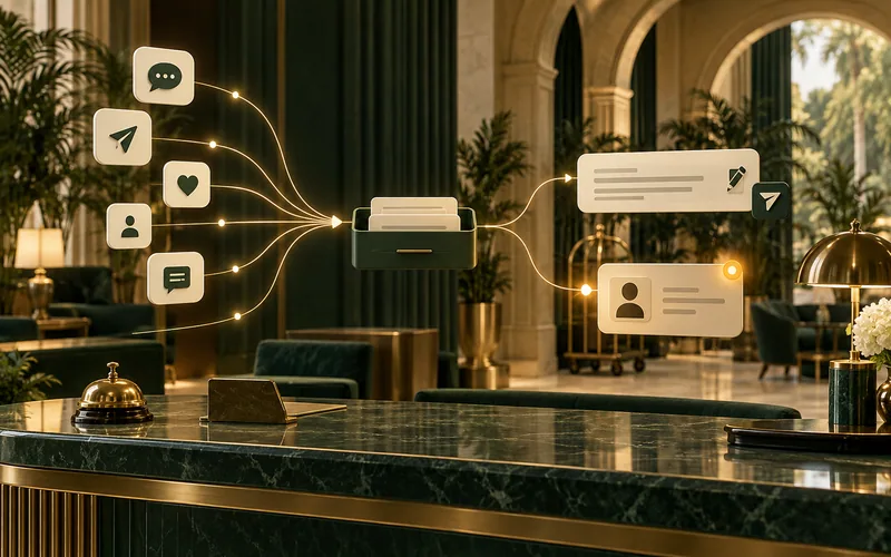AI-generated hotel concierge scene with incoming social messages flowing toward a draft and review card.