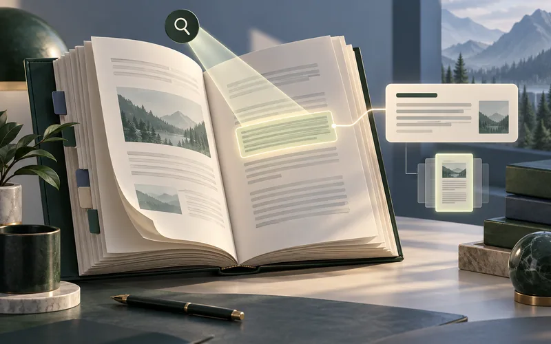 AI-generated open document with a search beam linking a selected passage to an answer card.