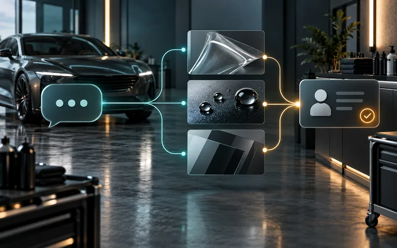 AI-generated automotive service scene with a lead message branching to protective film, coating, and tint before a CRM card.